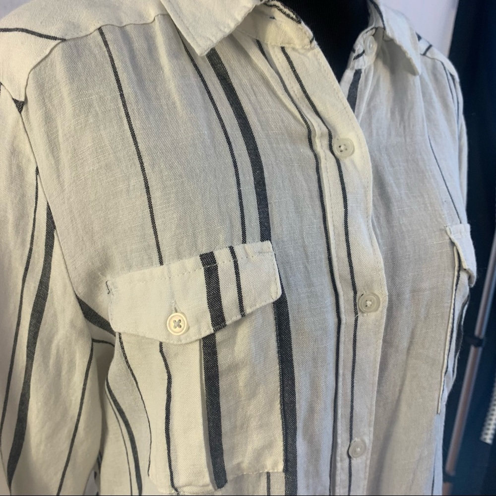 Harper Top Tie Front Button Down Linen Striped Blouse Women's L Large Spring - Picture 3 of 5